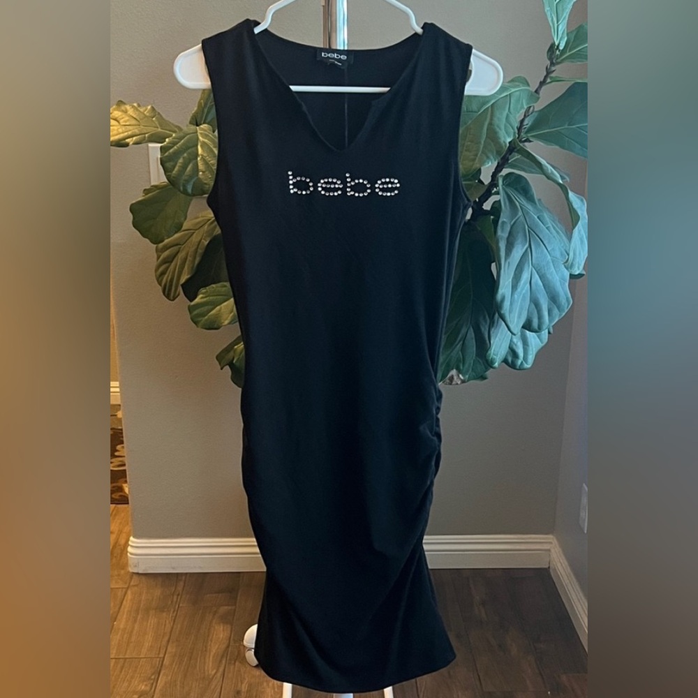 Bebe Vintage Black Rhinestone Embellished Sleeveless Dress. Cinch sides.
